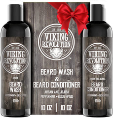Viking Revolution beard shampoo bottle highlights clean, healthy beard from natural formula.