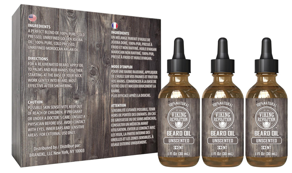 Viking Revolution beard oil bottle showing healthy shine and frizz control.
