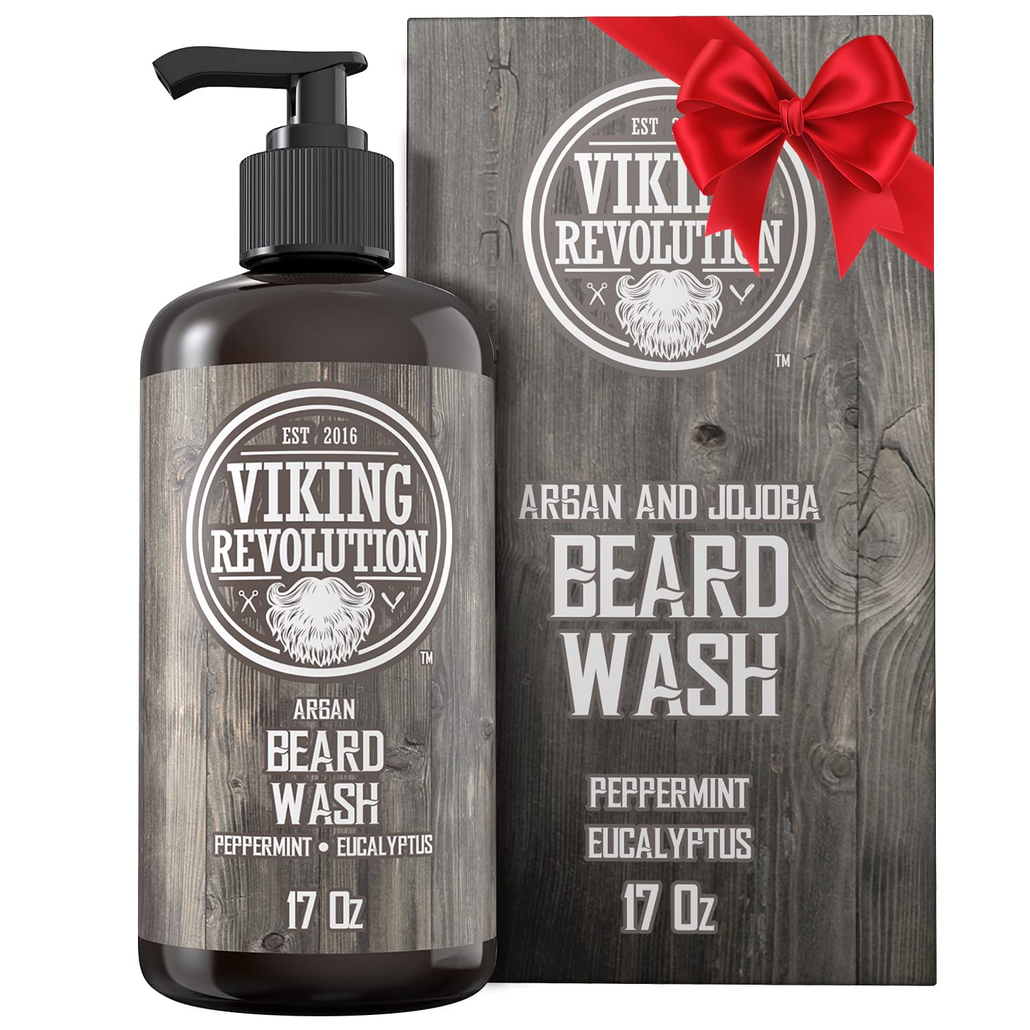 Viking Revolution beard wash bottle being poured for clean, moisturized beard