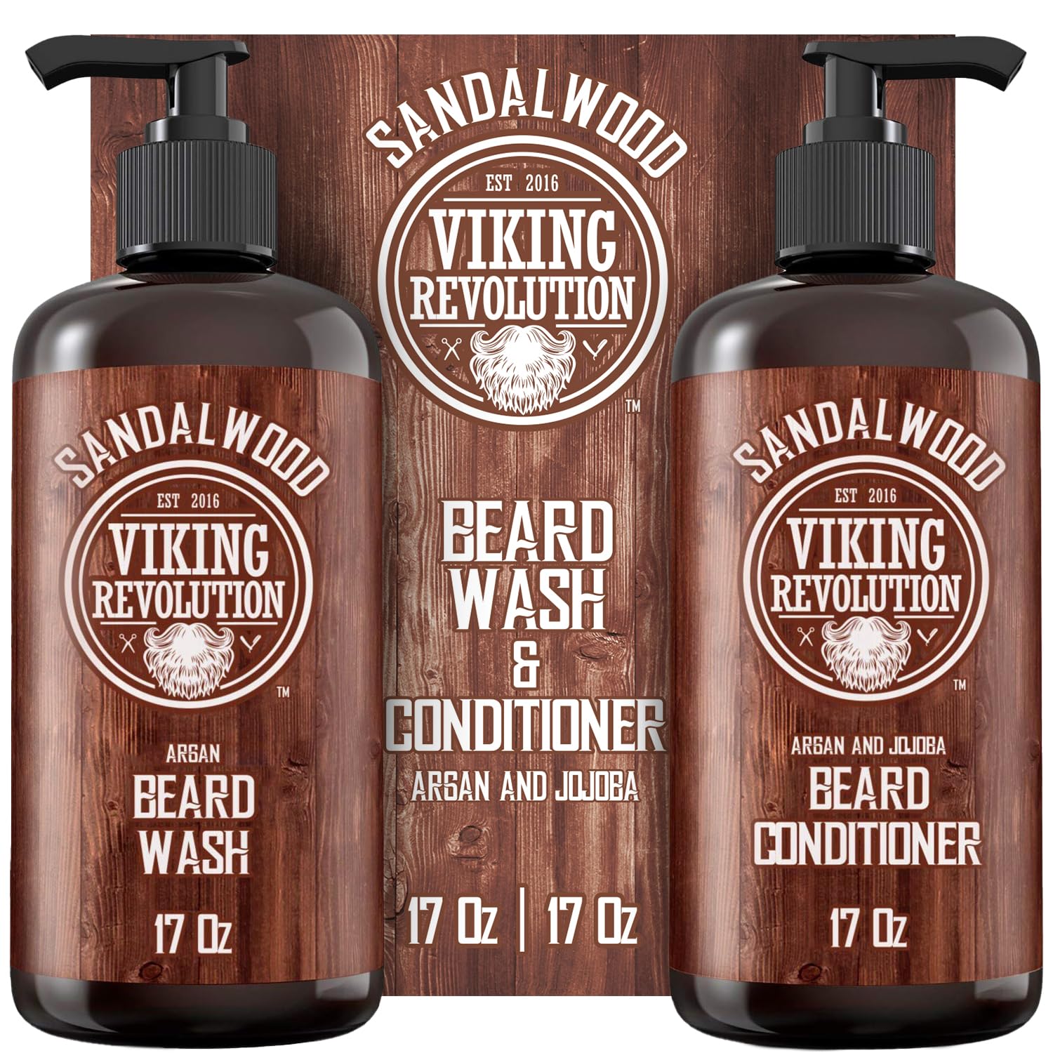 Viking Revolution beard wash-conditioner set sandalwood closeup shows hydrating cleanse for healthy beard.