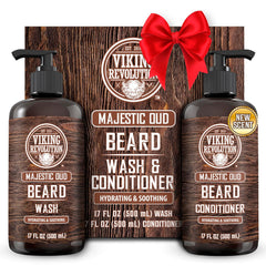 Viking Revolution beard wash Majestic Oud bottle for thorough cleansing and invigorated beard feel.