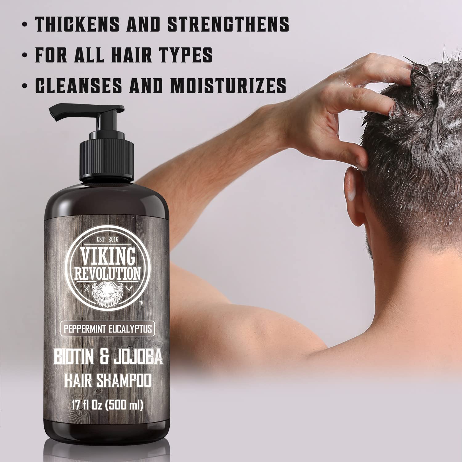 Viking Revolution Biotin Mens Shampoo with eucalyptus and mint offers refreshing scent