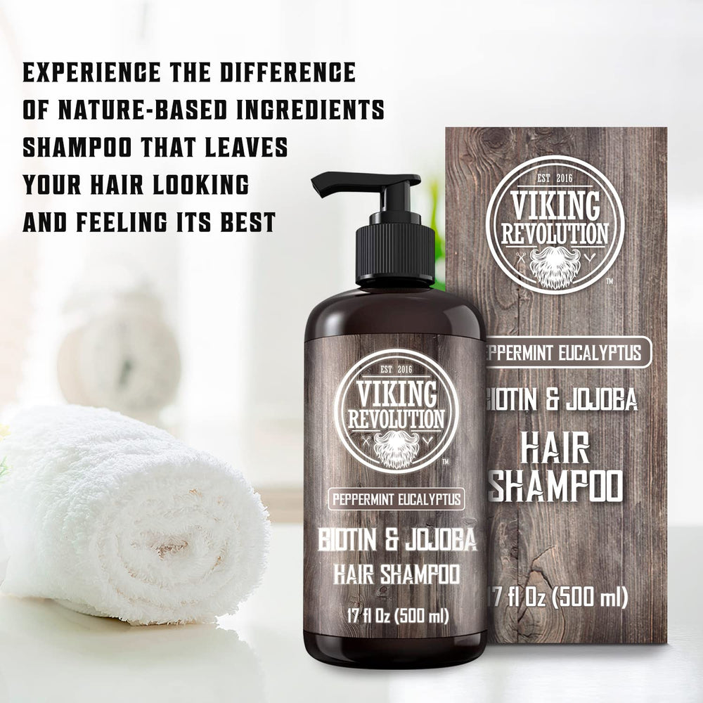 Viking Revolution Biotin Mens Shampoo front label highlights natural ingredients