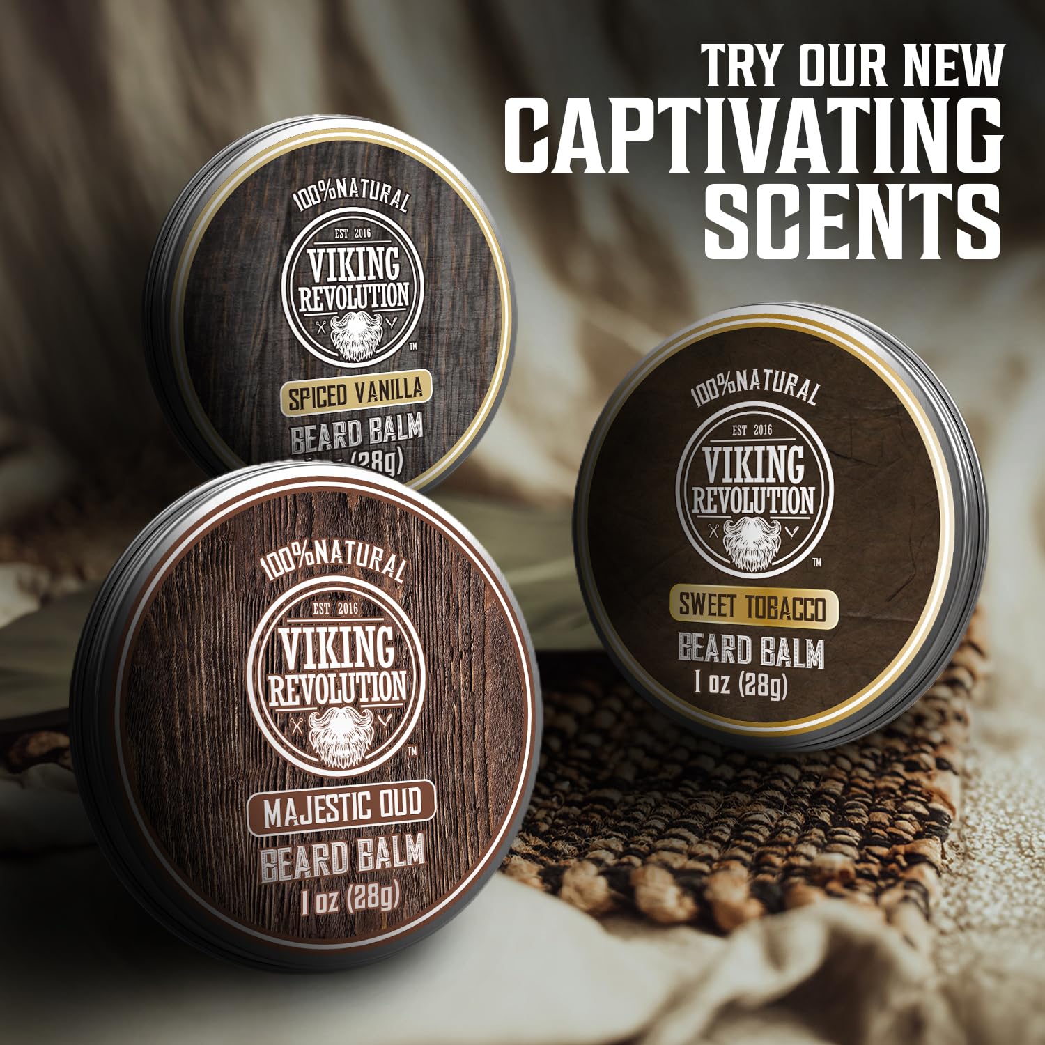 Viking Revolution brand packaging display showcasing four beard balm scents.