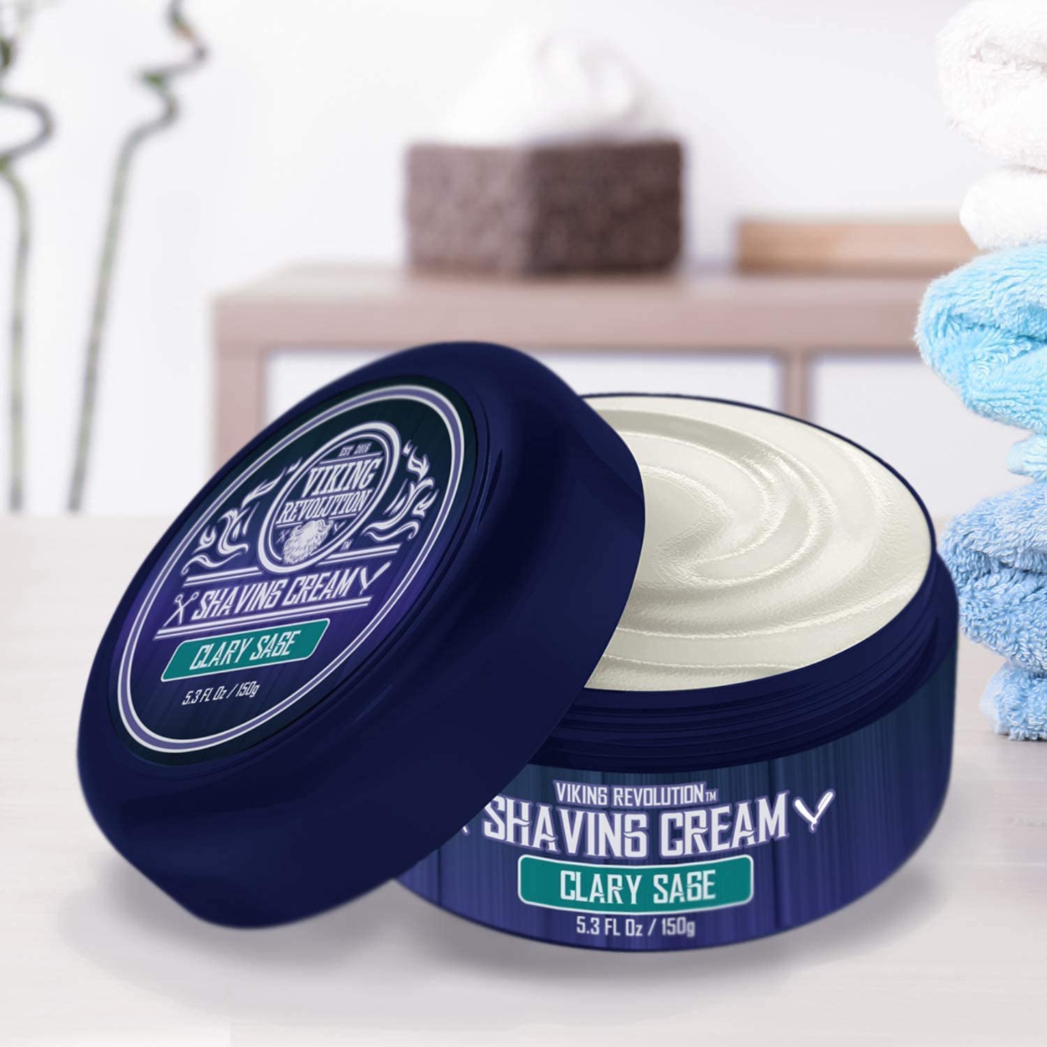 Viking Revolution clary sage shaving cream application showing smooth shaving stroke.