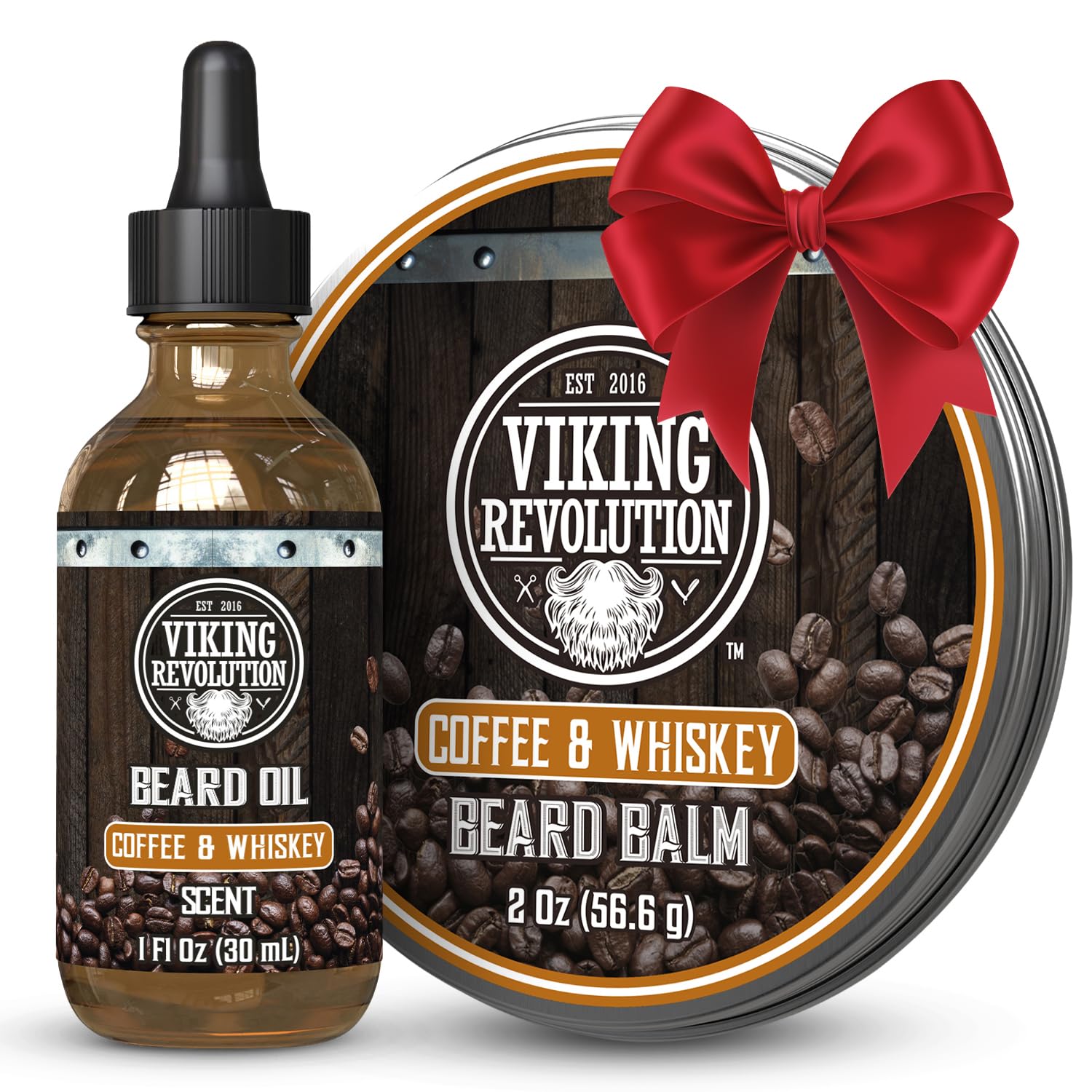 Viking Revolution beard balm tin with coffee and whiskey formula for natural hold.