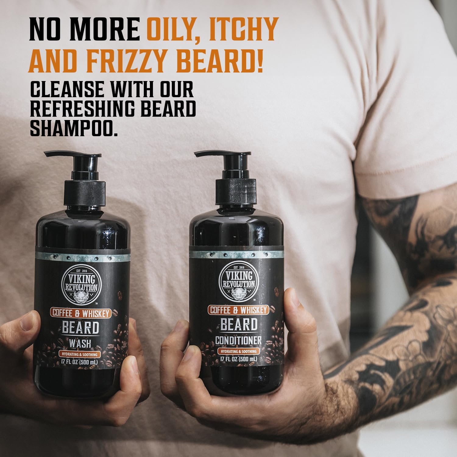 Viking Revolution coffee whiskey beard conditioner bottle delivers nourished softness and shine