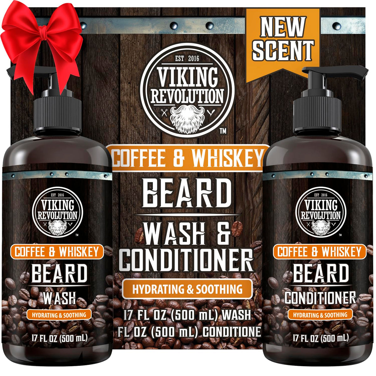 Viking Revolution coffee whiskey beard wash bottle offering deep cleanse with rugged scent