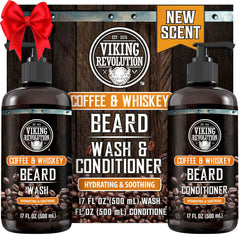 Viking Revolution coffee whiskey beard wash bottle offering deep cleanse with rugged scent