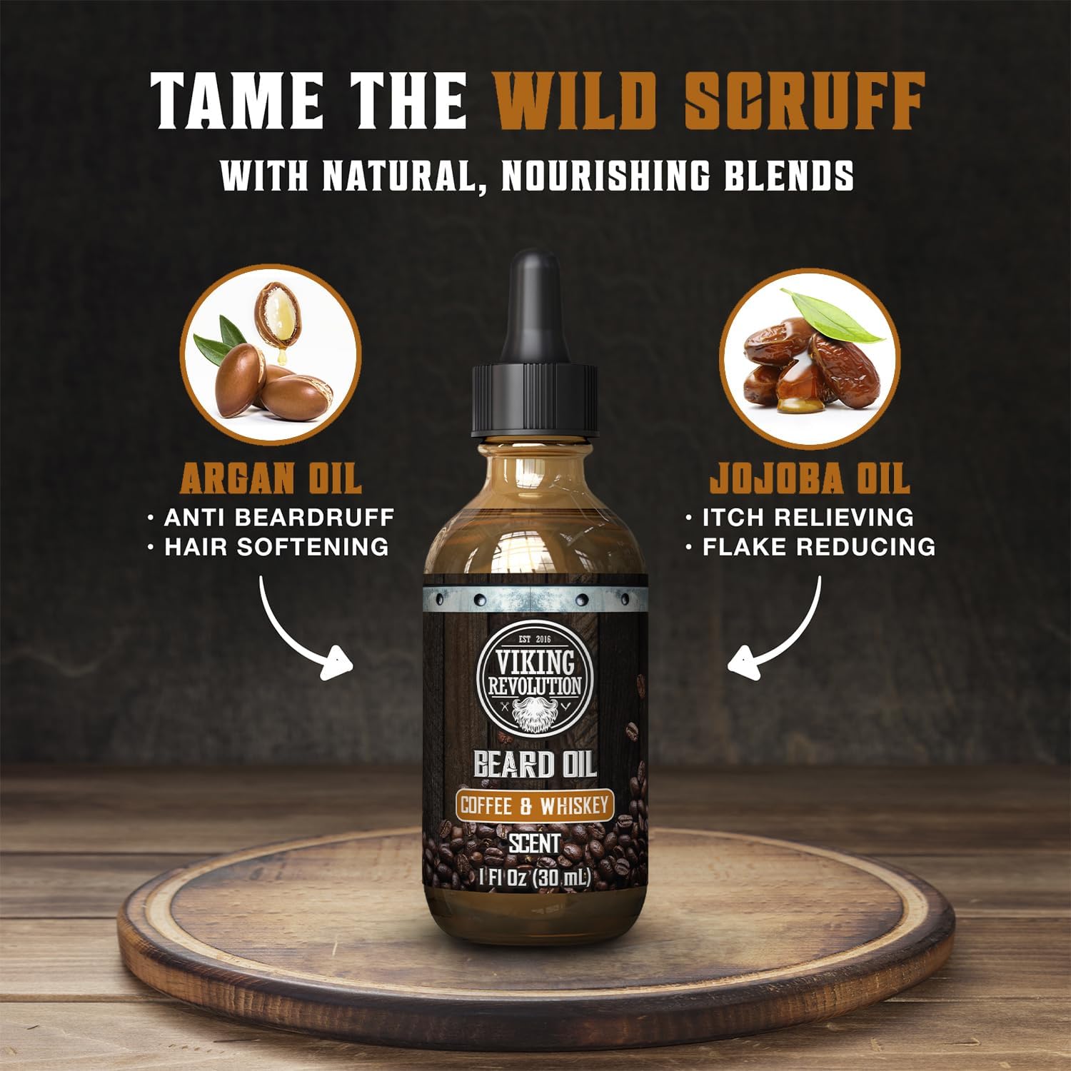 Close-up of Viking Revolution Coffee & Whiskey scent for beard care