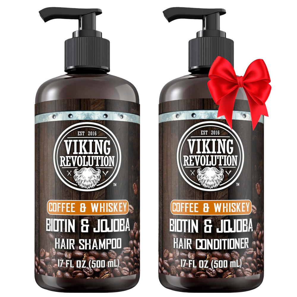 Viking Revolution coffee whiskey shampoo bottle with bold scent for a refreshing morning routine