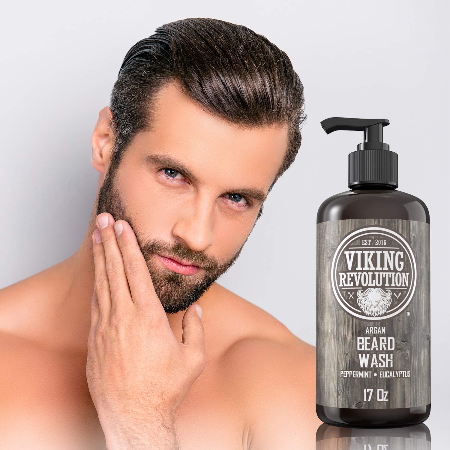 Viking Revolution 17 oz bottle on shelf for daily beard care