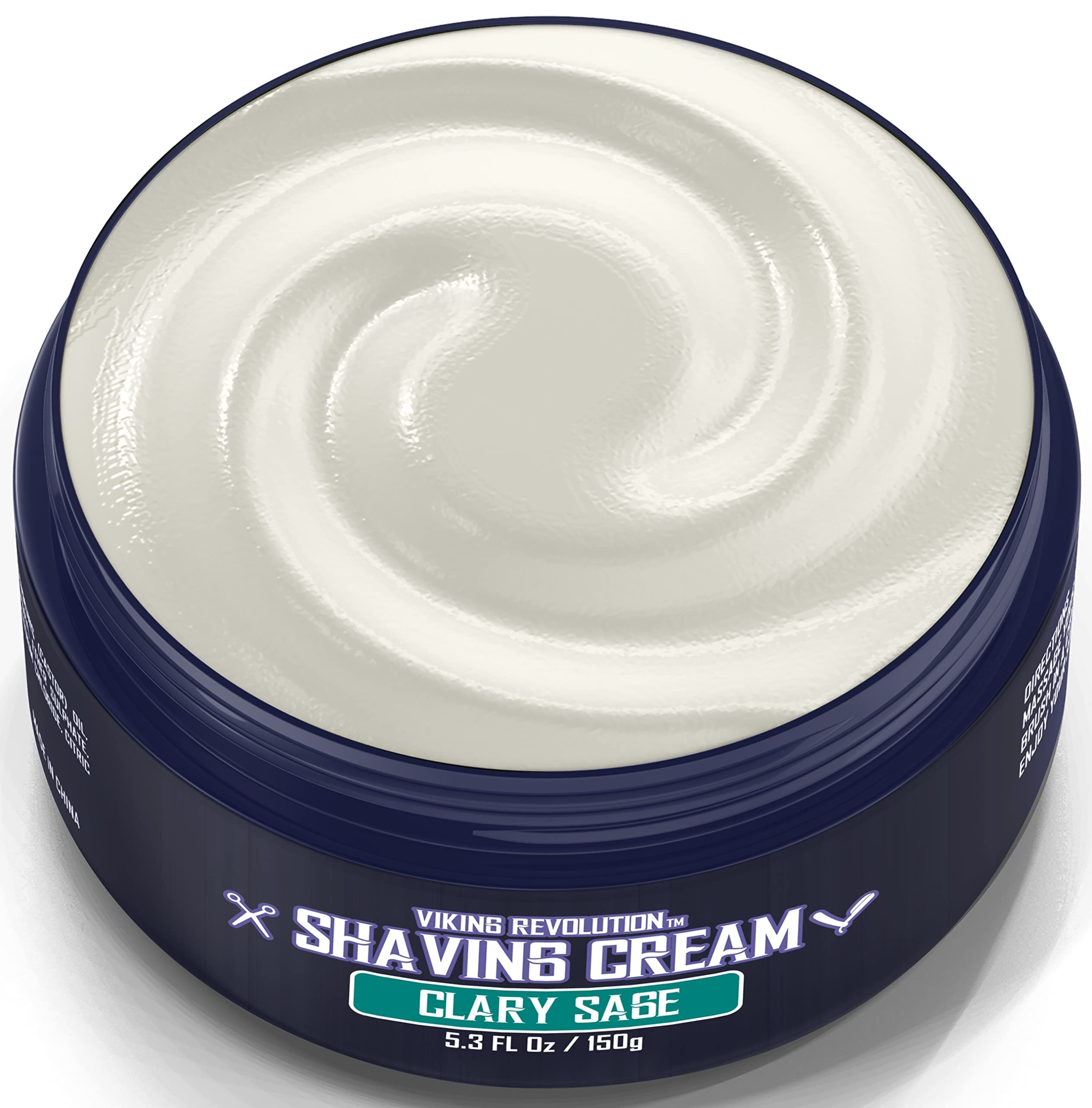Viking Revolution luxury shaving cream clary sage container pour captures application moment.