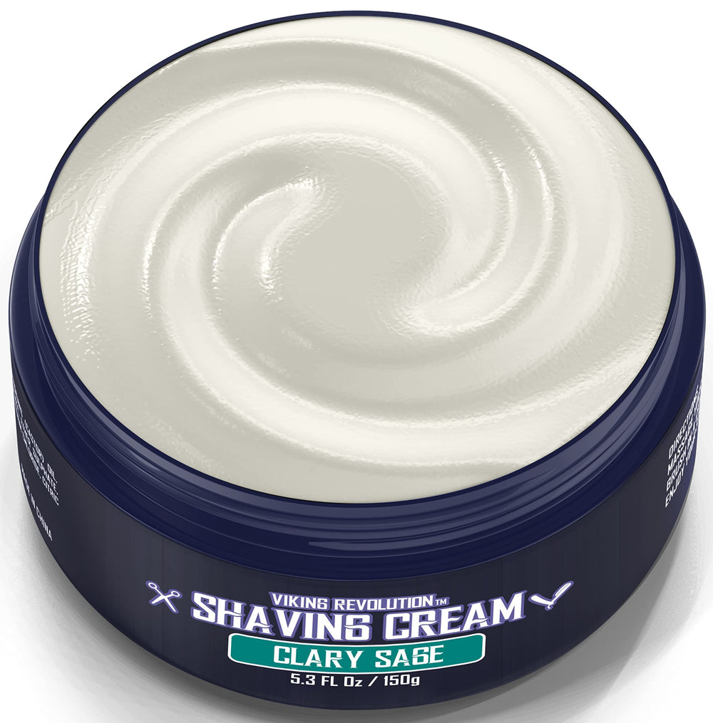 Viking Revolution luxury shaving cream clary sage container pour captures application moment.
