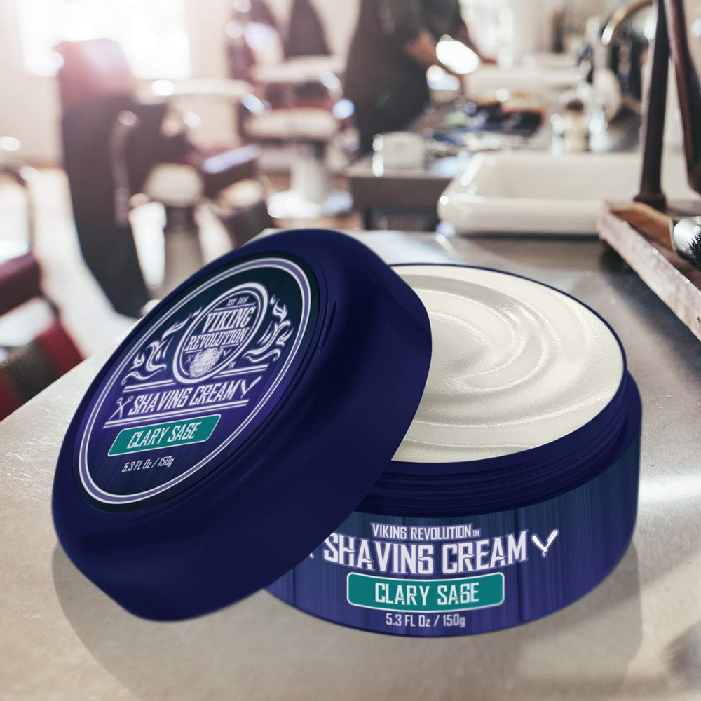 Viking Revolution luxury shaving cream jar closeup reveals creamy texture.