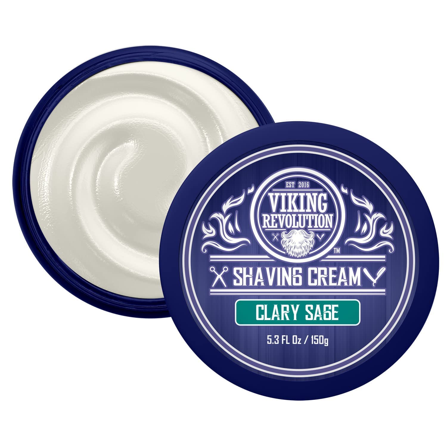 Viking Revolution luxury shaving cream packaging scene on clean counter.