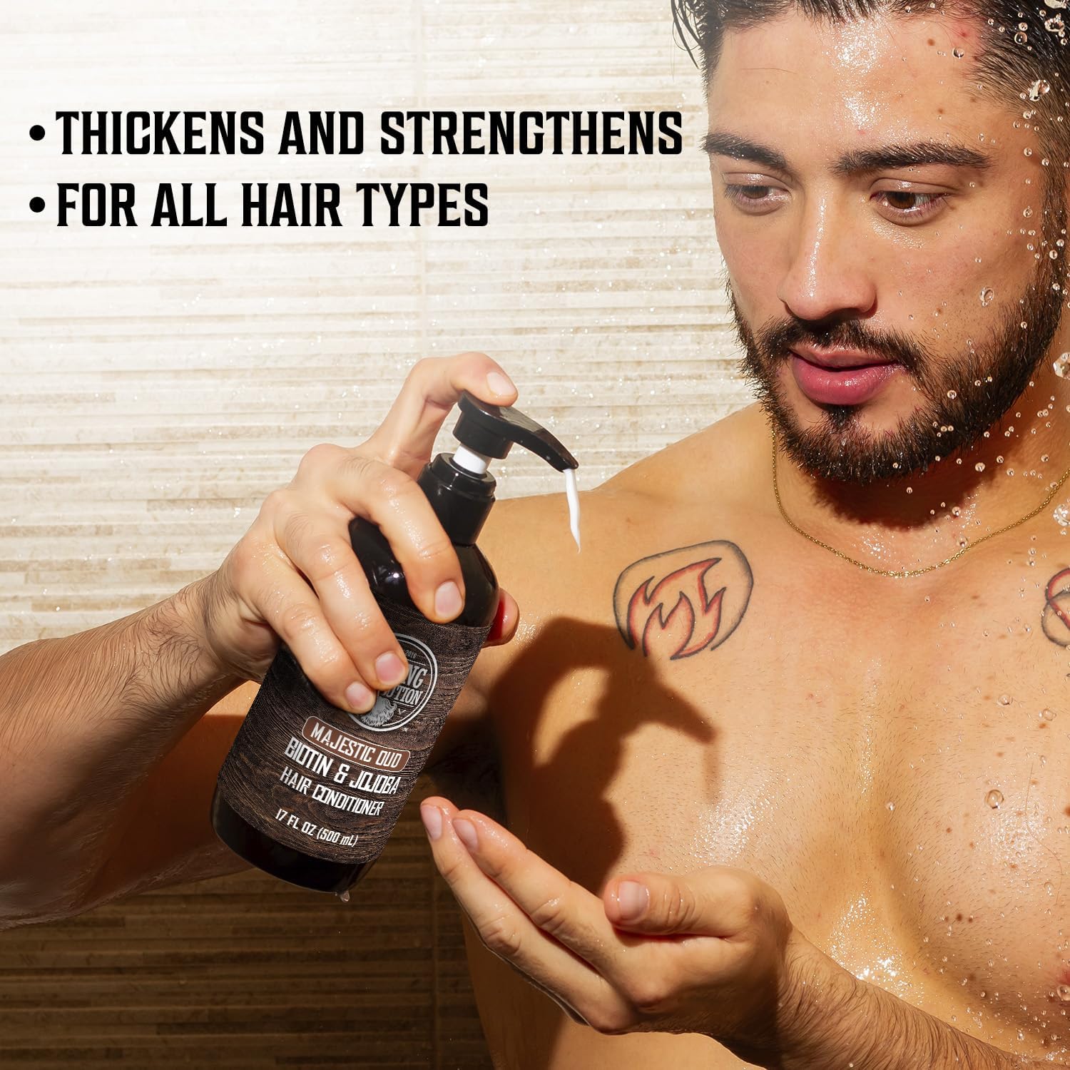 Viking Revolution Majestic Oud conditioner bottle provides smoothing moisture for frizz control.