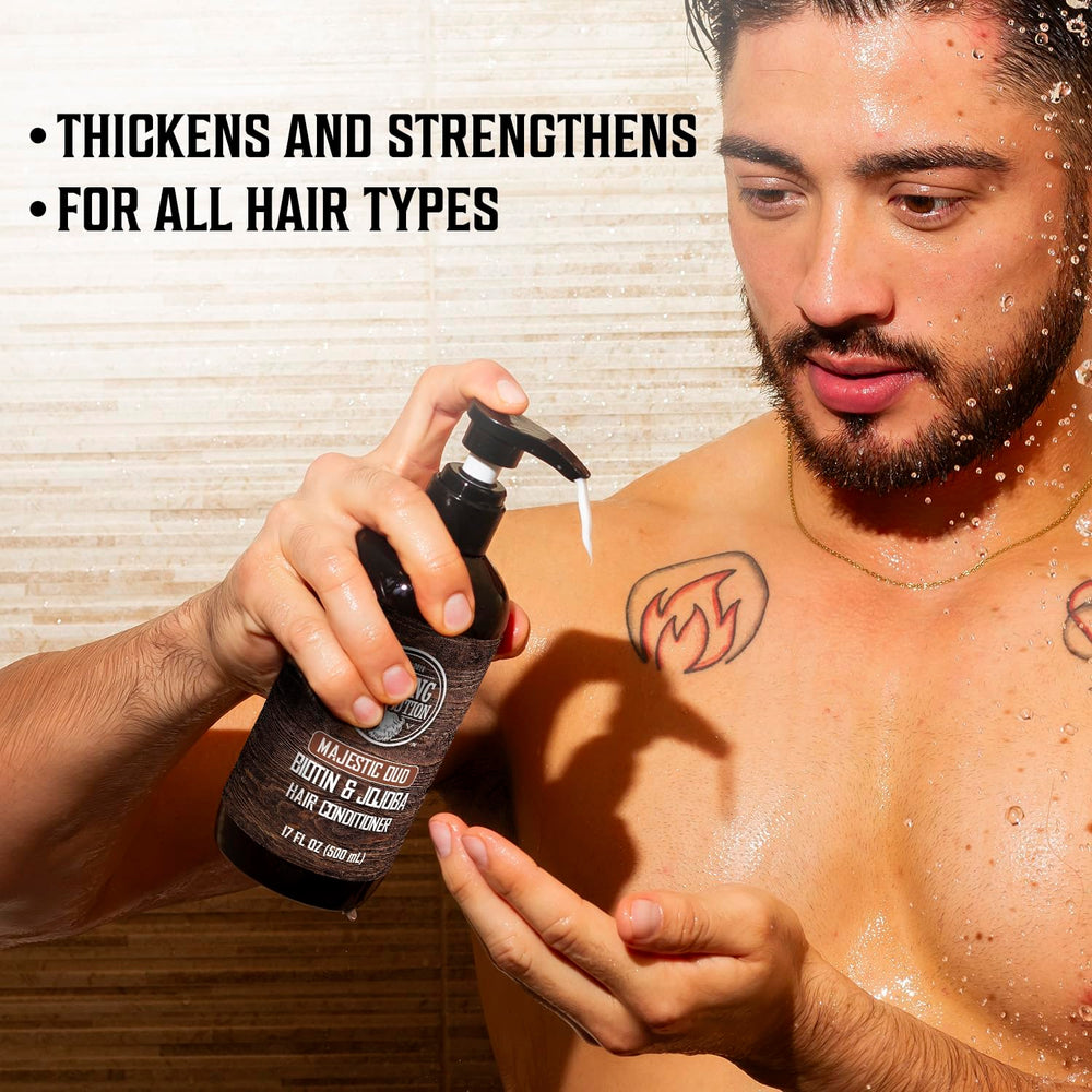 Viking Revolution Majestic Oud conditioner bottle provides smoothing moisture for frizz control.