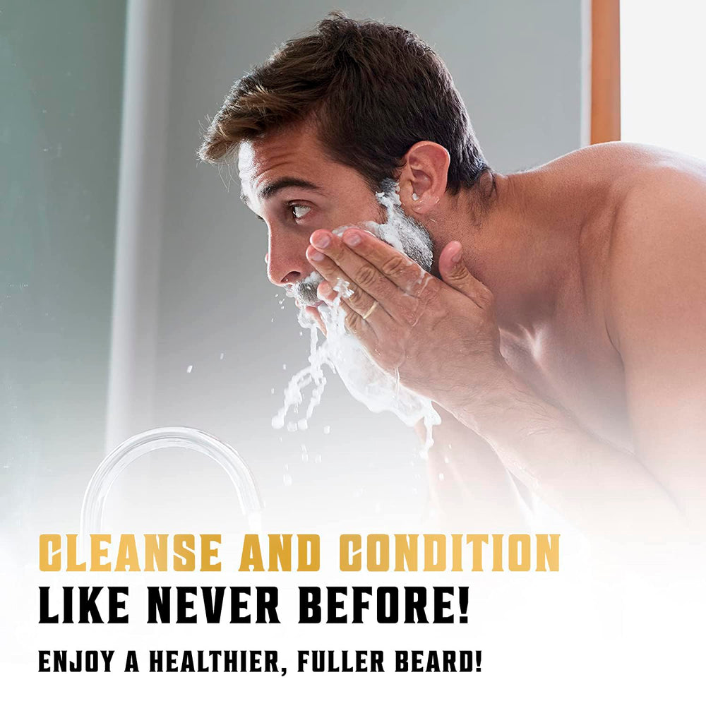 Man applying Viking Revolution beard oil after wash for a sleek beard.