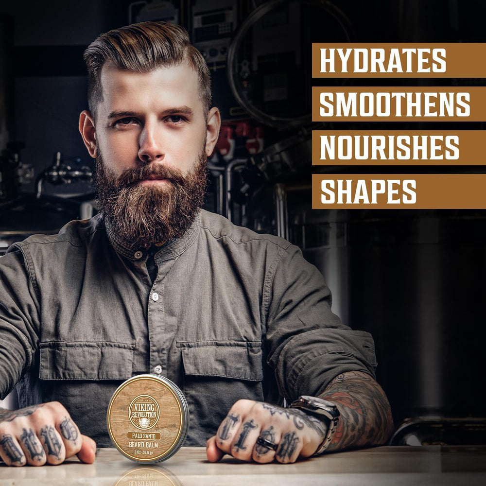 Viking Revolution Palo Santo beard balm ingredients highlight argan and jojoba oils for nourished beard hair.
