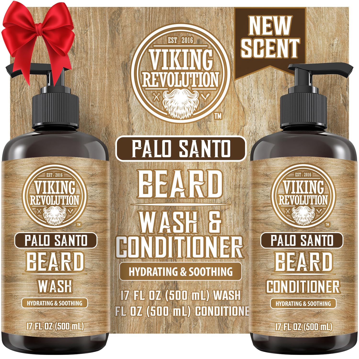 Viking Revolution Palo Santo beard wash bottle showing natural formula for healthier-looking beard
