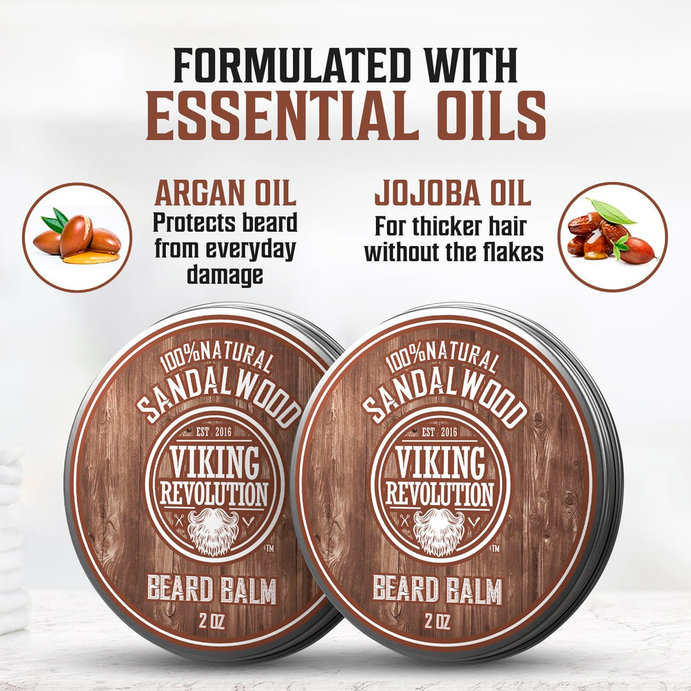 Viking Revolution sandalwood beard balm ingredient argan oil drop highlights nourishing shine.