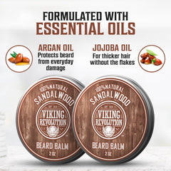 Viking Revolution sandalwood beard balm ingredient argan oil drop highlights nourishing shine.