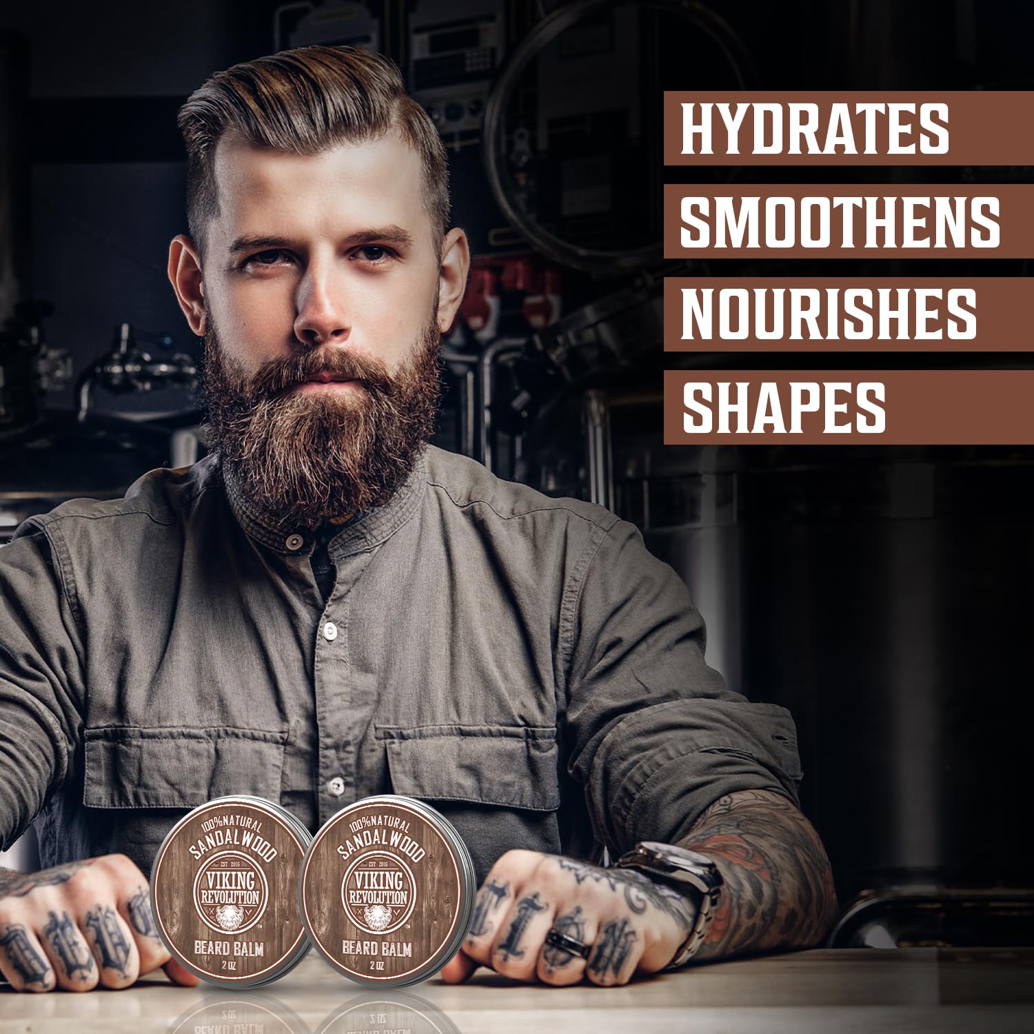 Viking Revolution sandalwood beard balm jar closed indicating lasting softness.