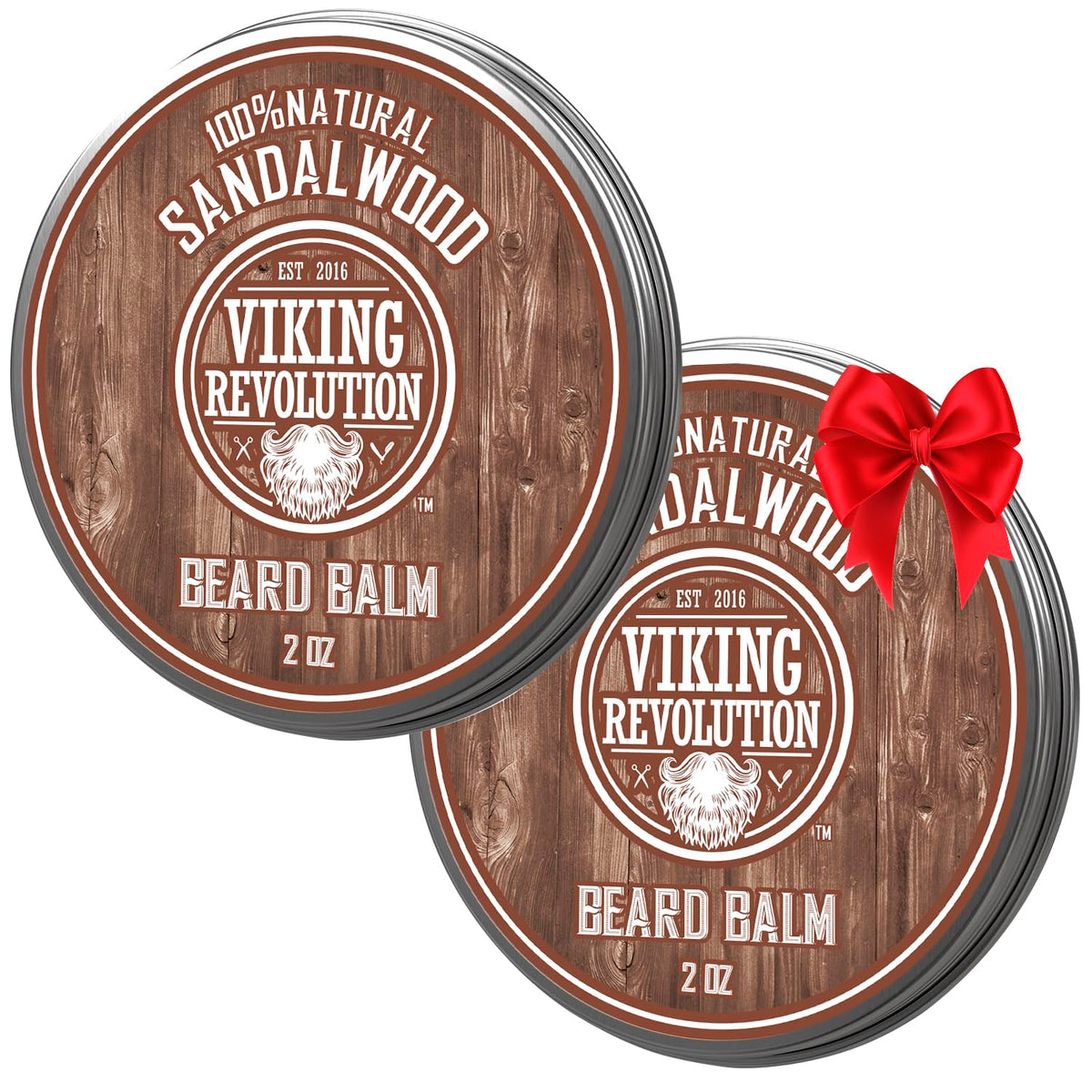 Viking Revolution sandalwood beard balm jar open for deep conditioning.