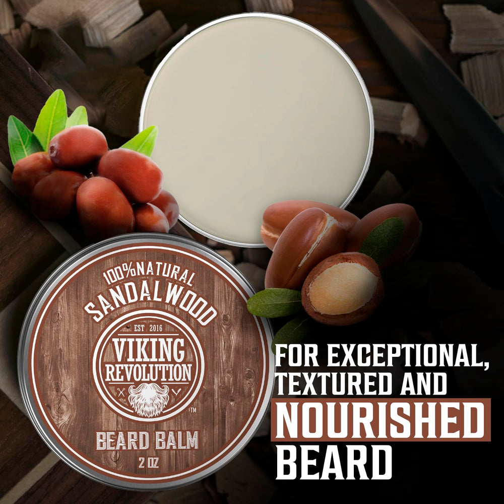 Viking Revolution sandalwood beard balm 2oz pack highlights value for newcomers.