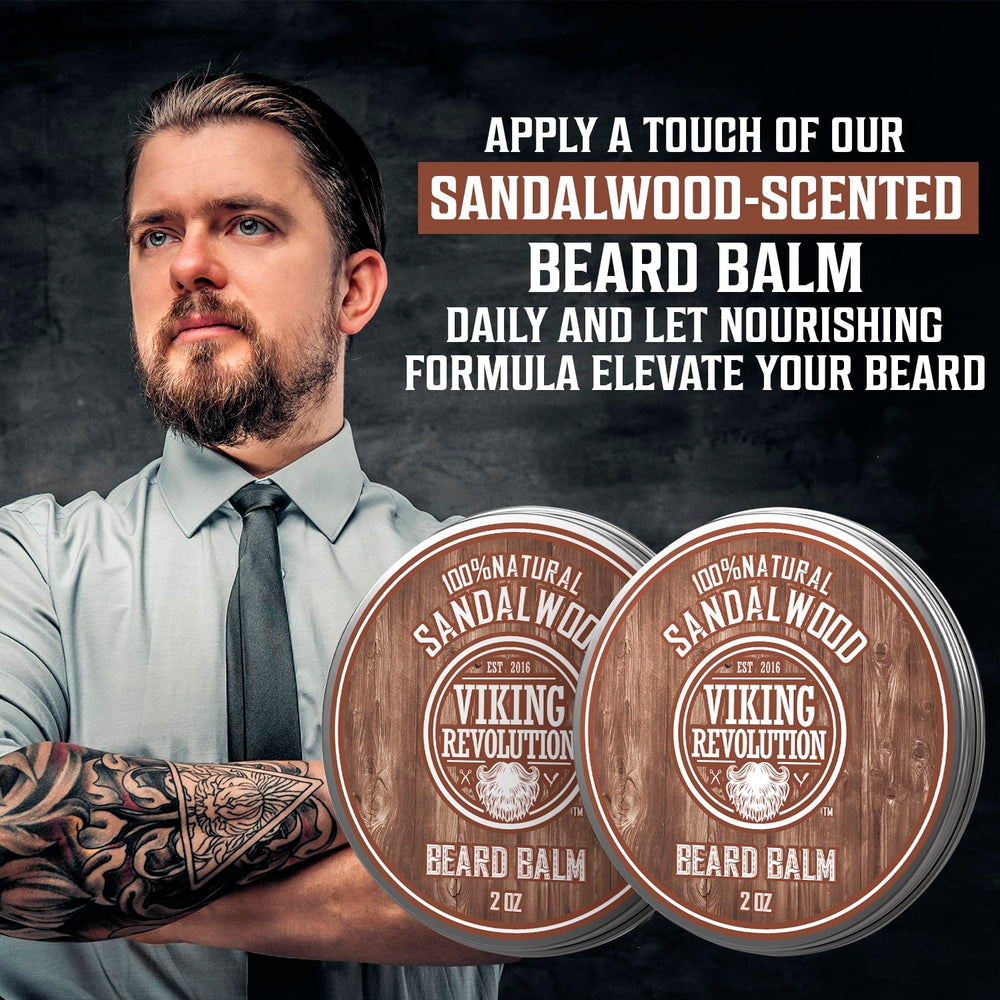 Viking Revolution sandalwood beard balm softens beard for everyday comfort.