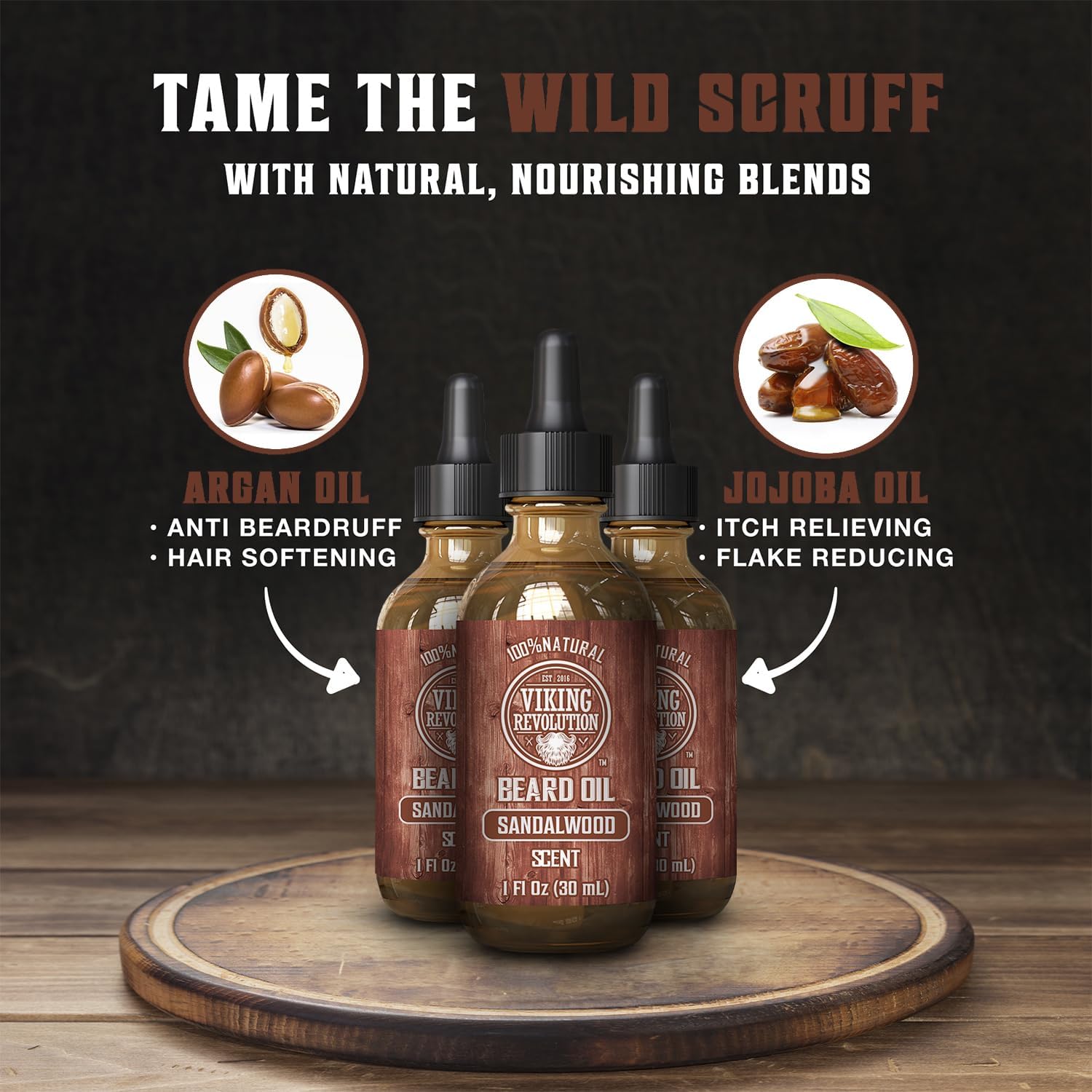 Viking Revolution sandalwood oil swirl illustrating argan and jojoba conditioning