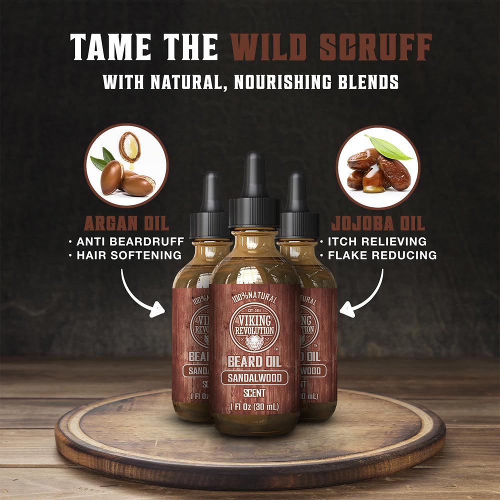Viking Revolution sandalwood oil swirl illustrating argan and jojoba conditioning
