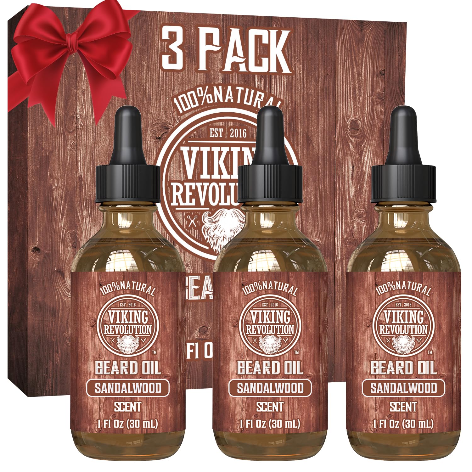 Viking Revolution sandalwood beard oil bottle close-up for moisturized, softer facial hair