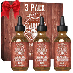 Viking Revolution sandalwood beard oil bottle close-up for moisturized, softer facial hair