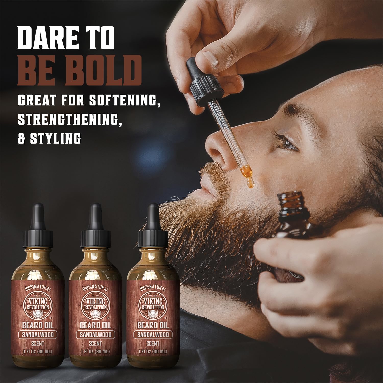 Viking Revolution sandalwood beard oil 3-pack packshot showing natural oil blend
