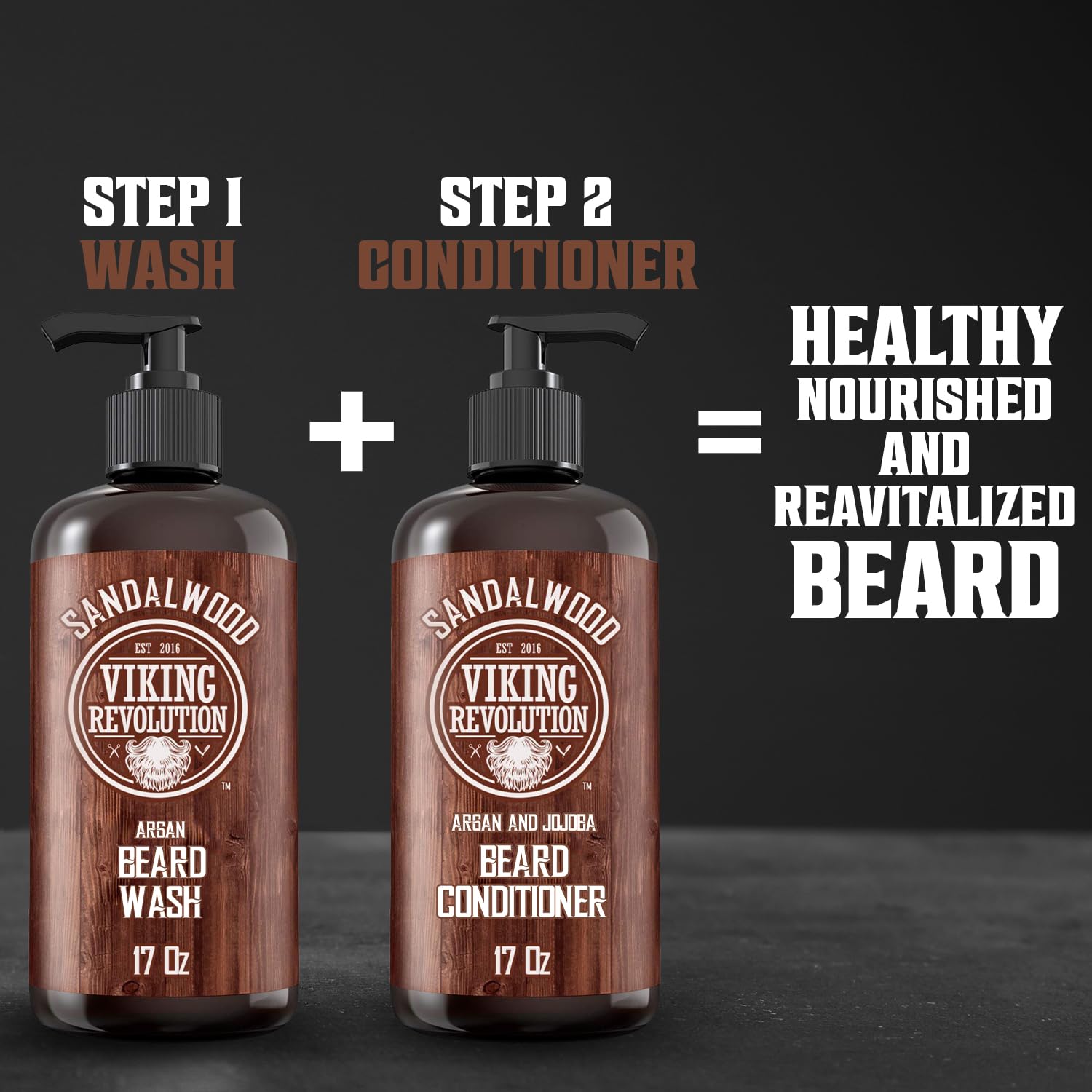 Viking Revolution-sandalwood-label emphasizes sandalwood scent in grooming routine.