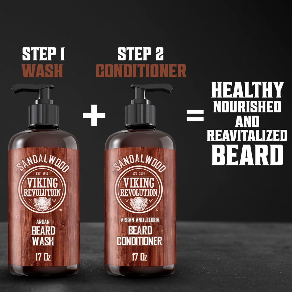 Viking Revolution-sandalwood-label emphasizes sandalwood scent in grooming routine.