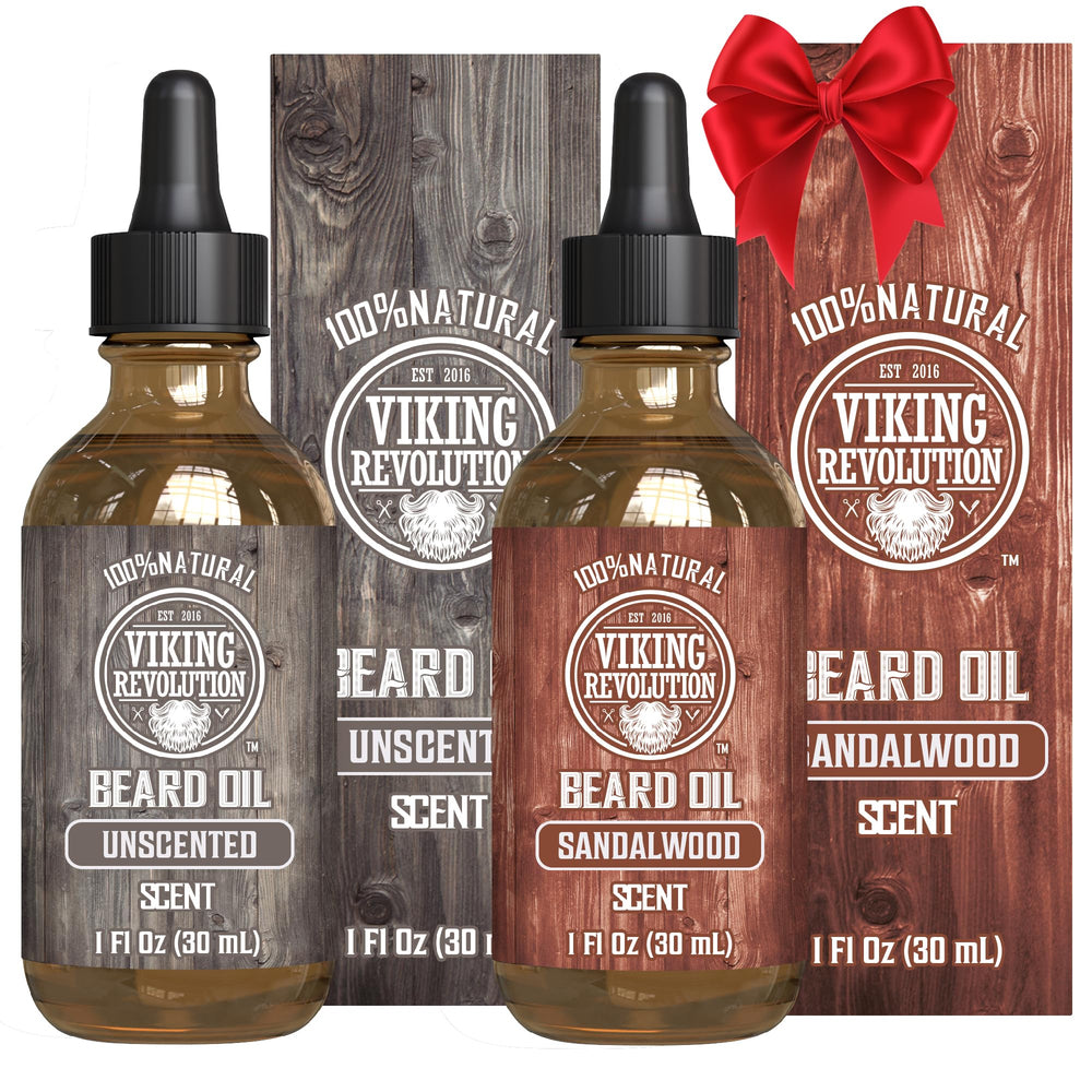 Viking Revolution sandalwood beard oil bottle, 2-pack, ready for daily conditioning.