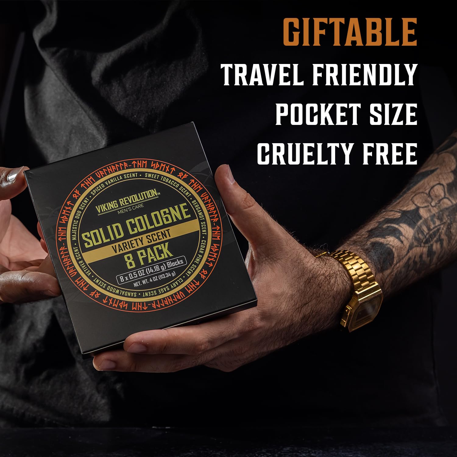 Viking Revolution solid cologne cedar-pine tin—crisp outdoors scent for daily wear.