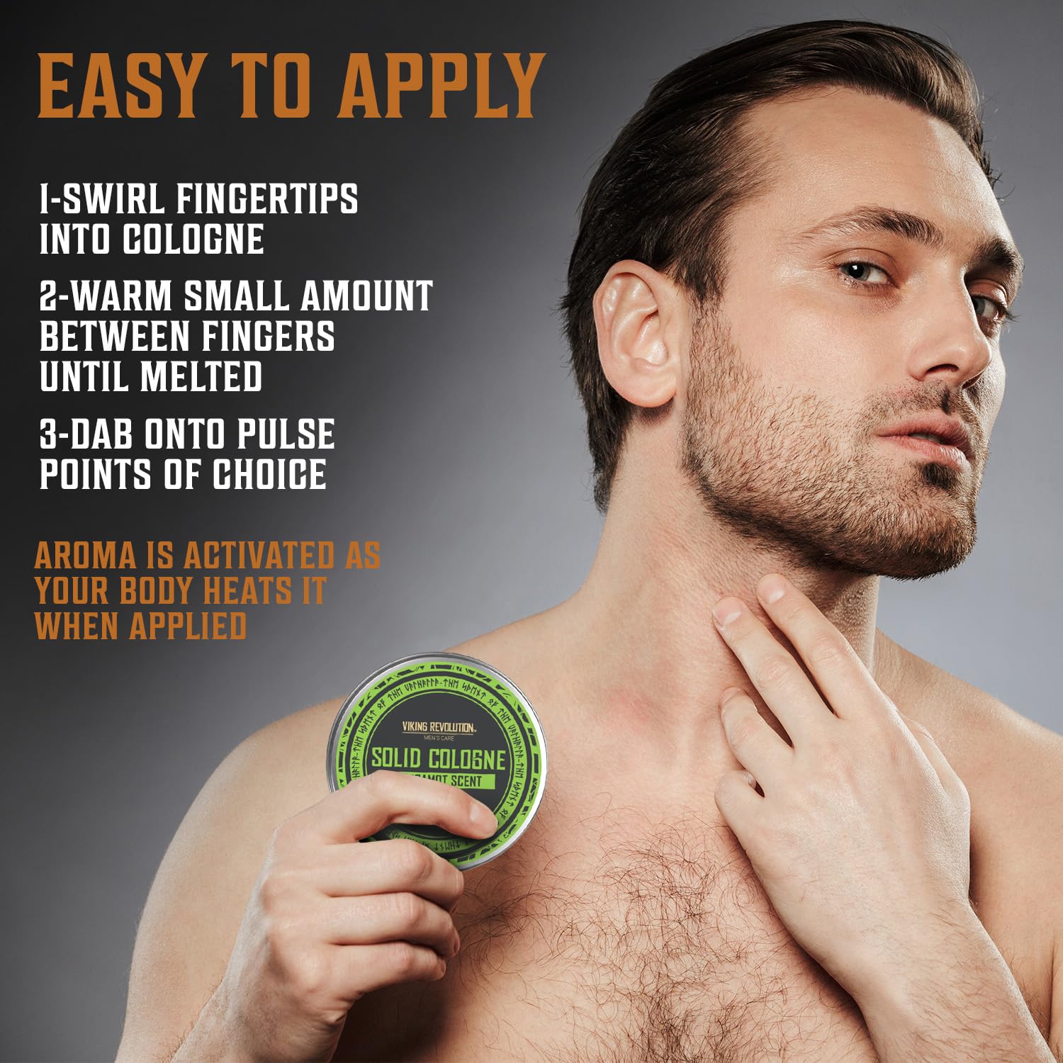 Viking Revolution packaging highlights travel-friendly bergamot solid cologne.