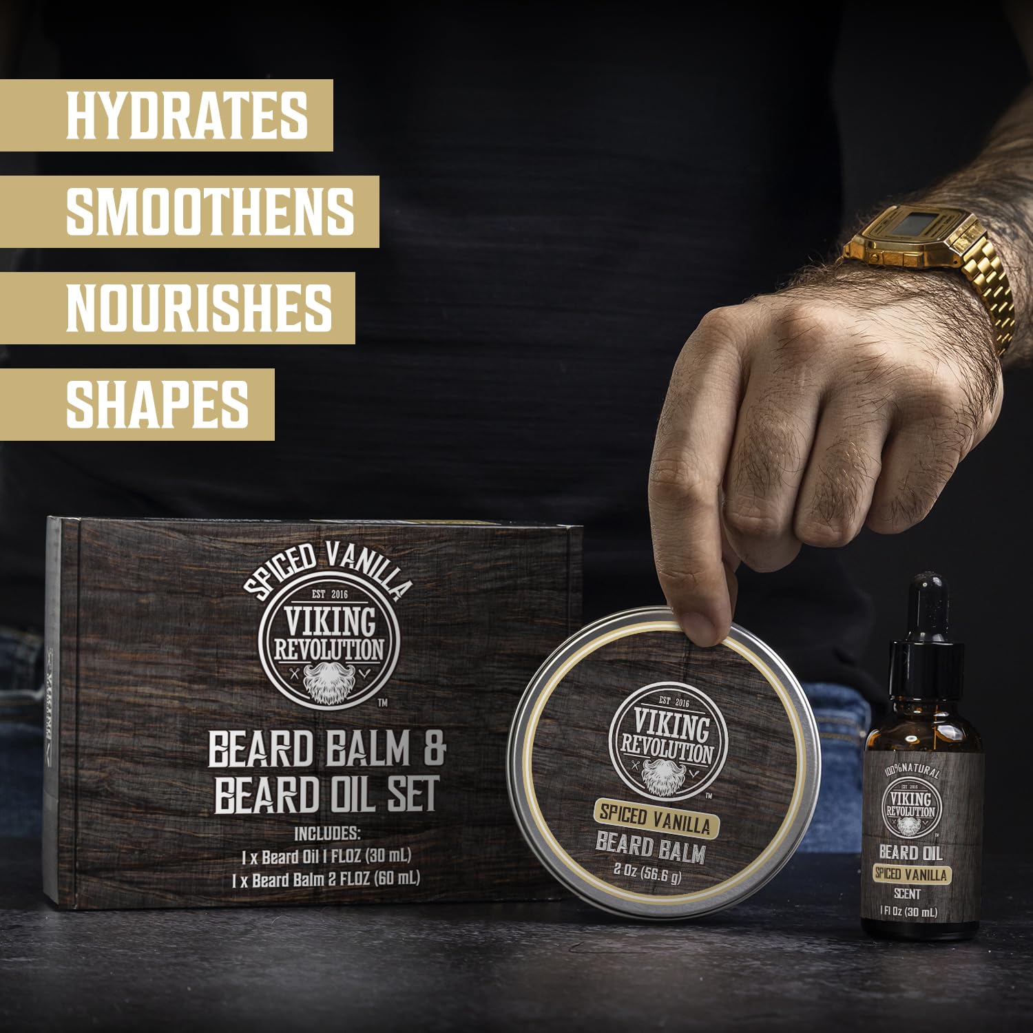 Beard balm close-up from Viking Revolution kit showing smooth application and texture.