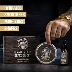 Beard balm close-up from Viking Revolution kit showing smooth application and texture.
