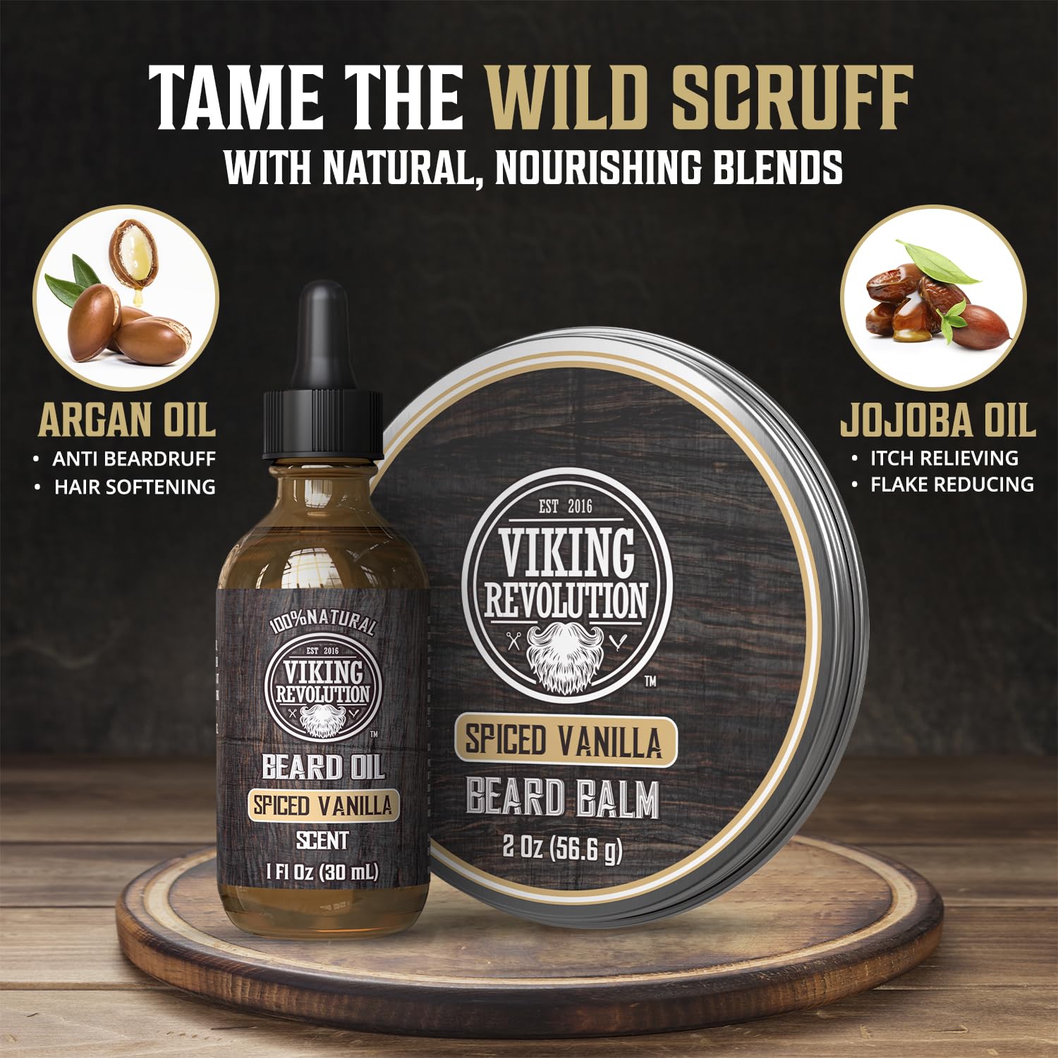 Beard oil and balm ready for grooming with Viking Revolution branding visible.