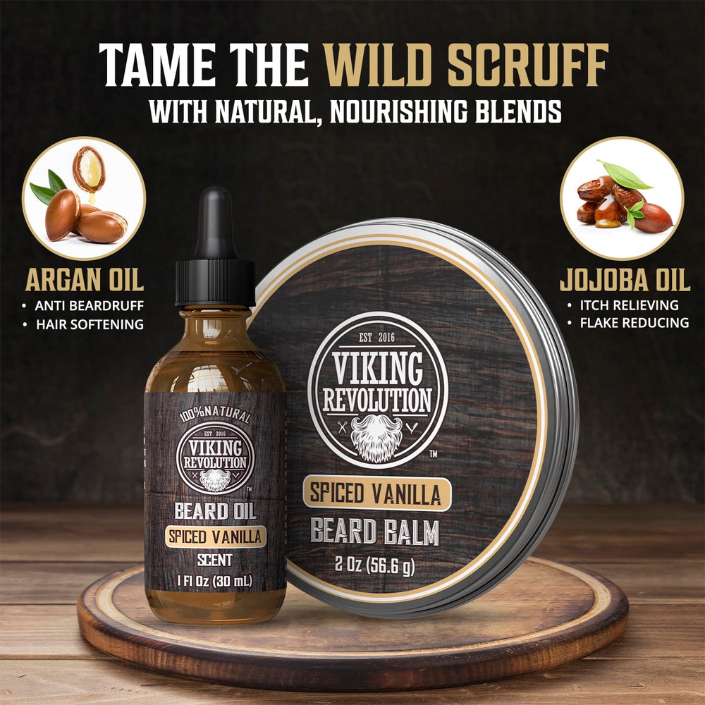 Beard oil and balm ready for grooming with Viking Revolution branding visible.