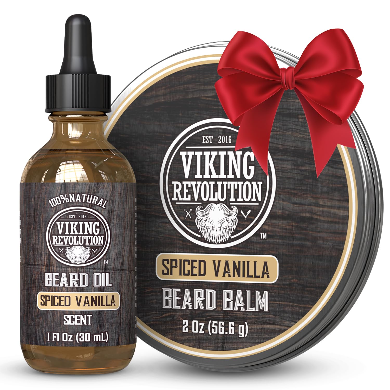 Viking Revolution spiced vanilla beard oil and balm kit on display for soft, manageable beard days.