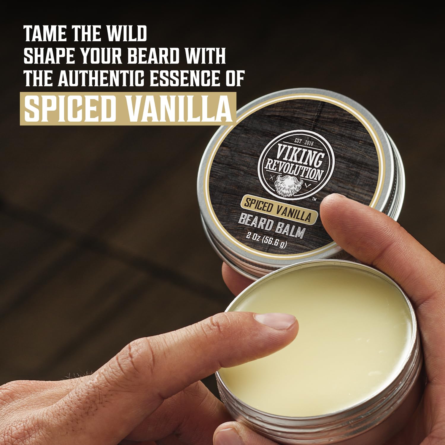 Beard balm texture close-up from Viking Revolution kit, showing light hold and natural finish.