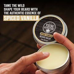 Beard balm texture close-up from Viking Revolution kit, showing light hold and natural finish.
