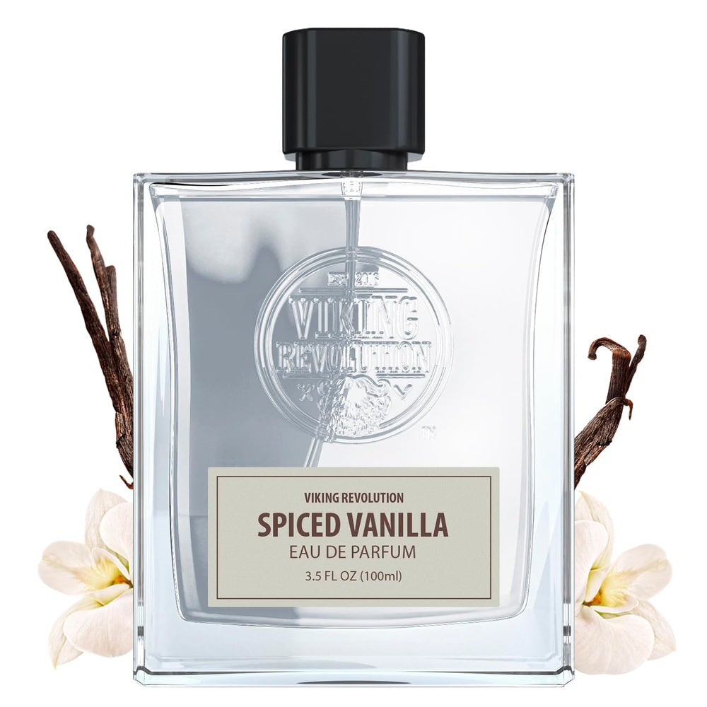 Viking Revolution Spiced Vanilla Cologne bottle front with warm vanilla and musk for bold evening wear.