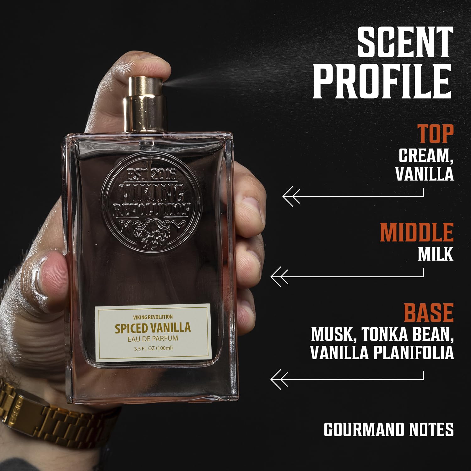 Viking Revolution Spiced Vanilla Cologne label detail showing gourmand musk and vanilla.